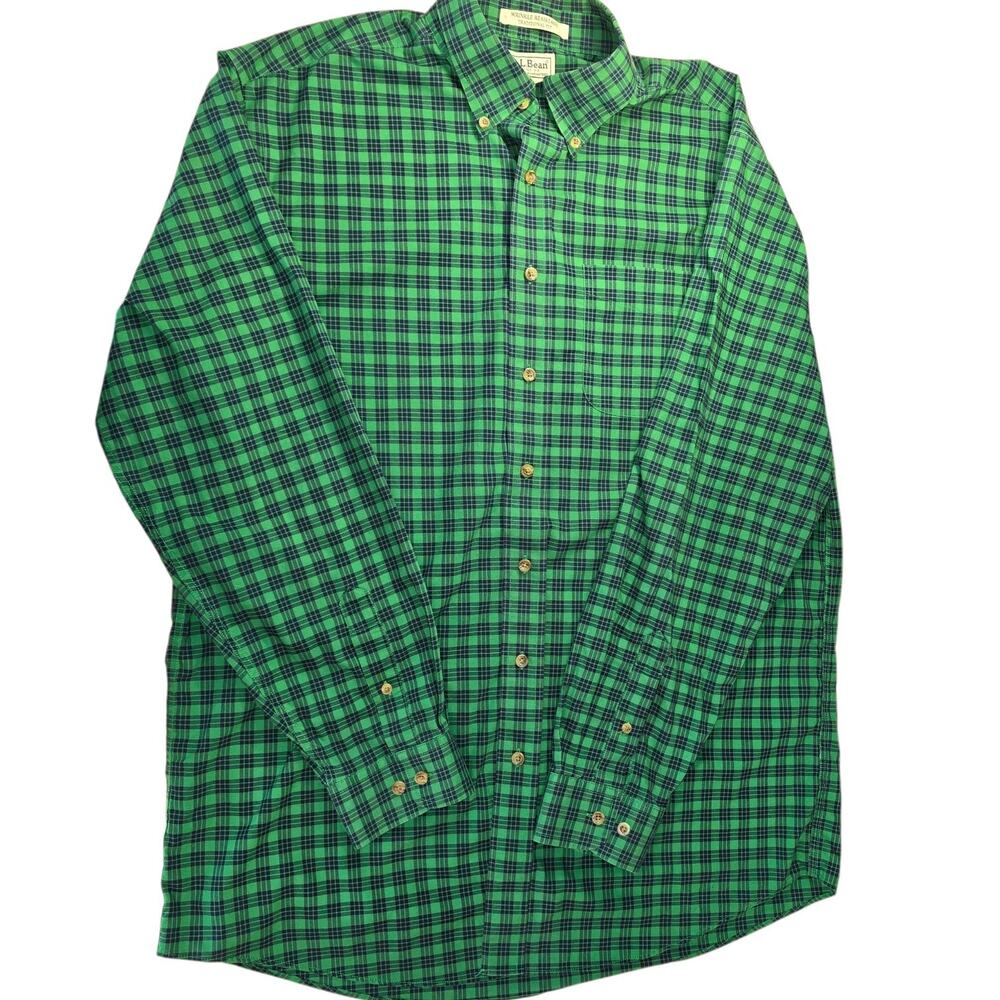 L.L. Bean 100% Cotton Green Plaid Flannel Button Up Size L Tall Mens
